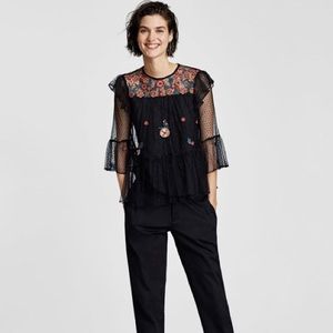 ZARA Embroidered Tulle Blouse with Ruffled Trims